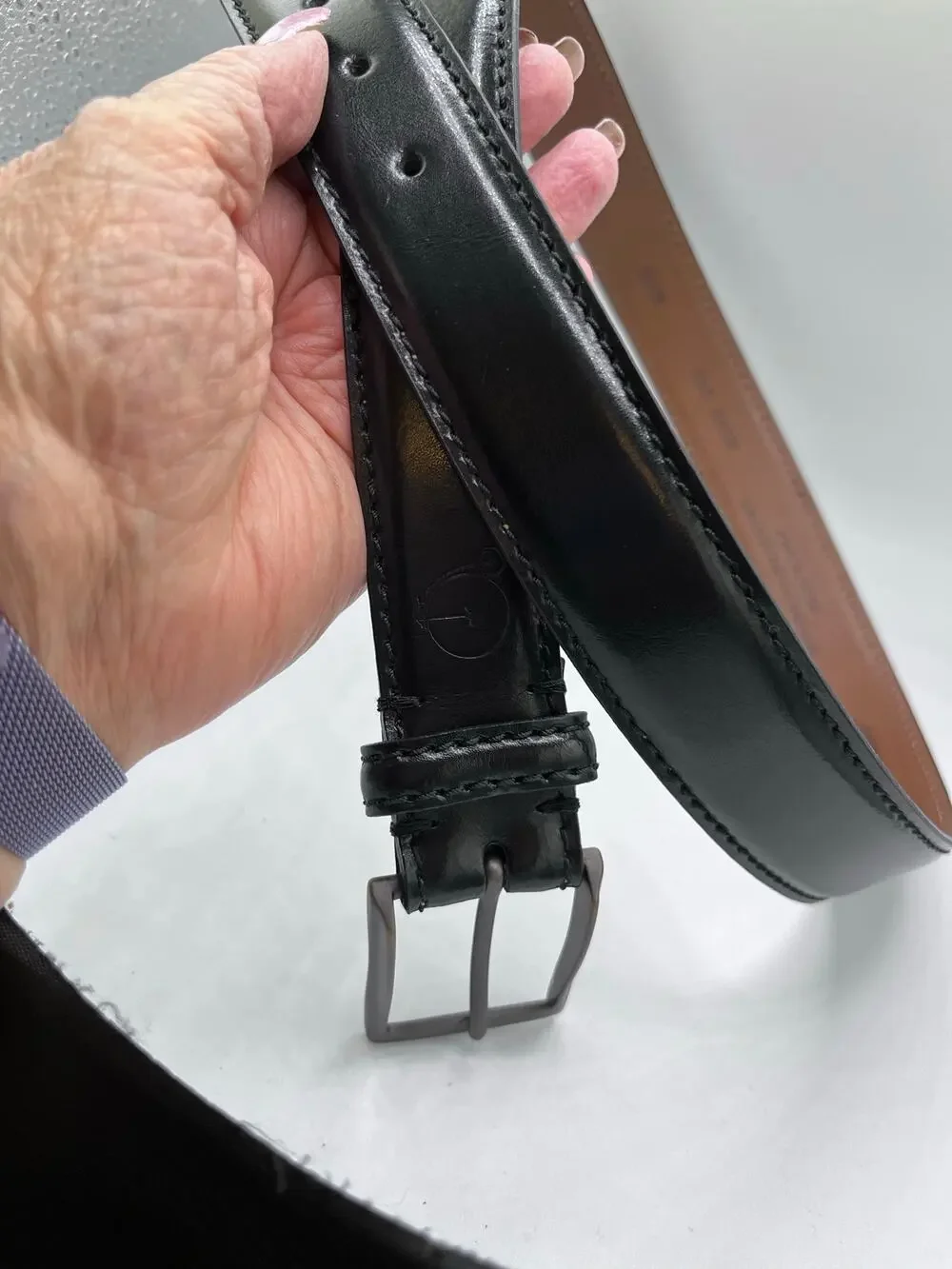 Italian Black Leather Belt 36 Pewter Buckle 1.25